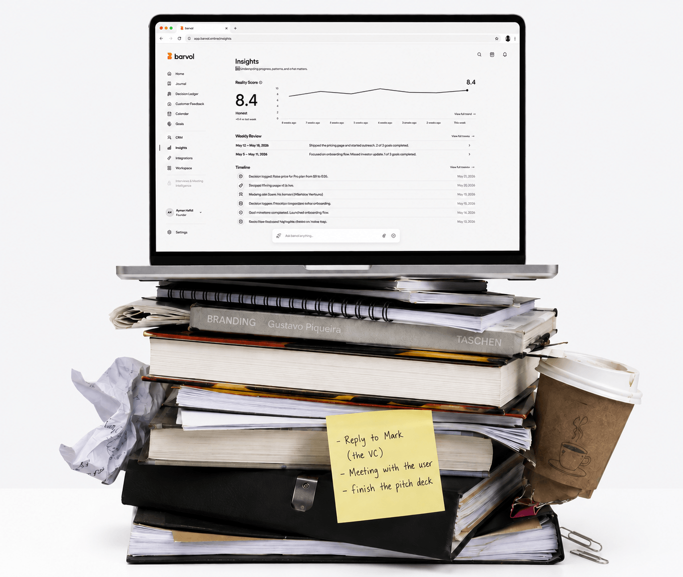 A founder's desk with the Barvol workspace open